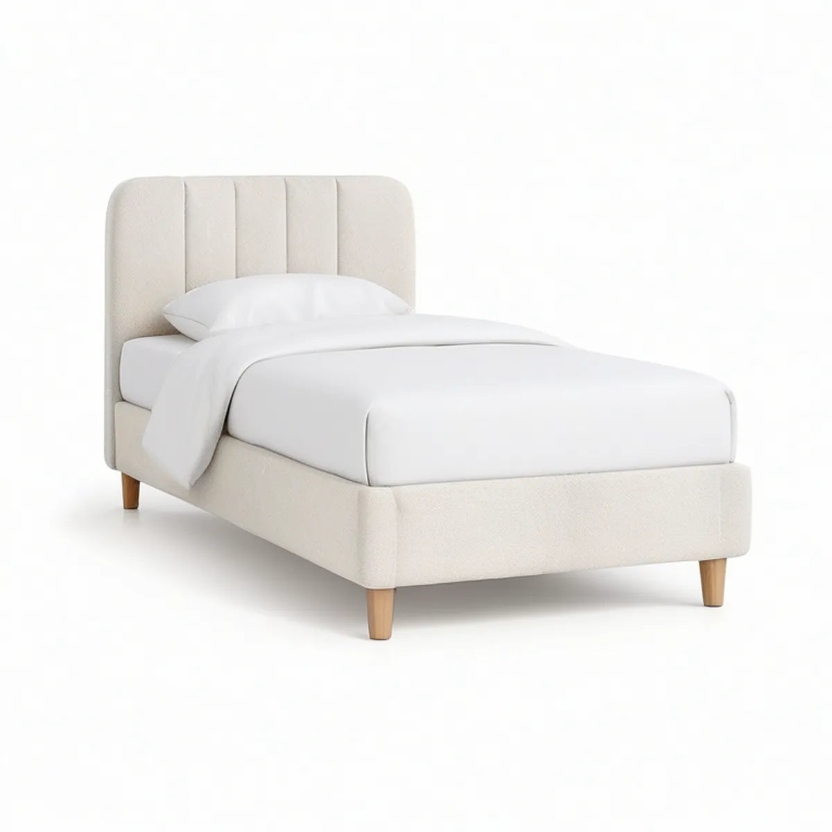 Gepolstertes Einzelbett 90 x 200 cm mit hohem Kopfteil in Creme