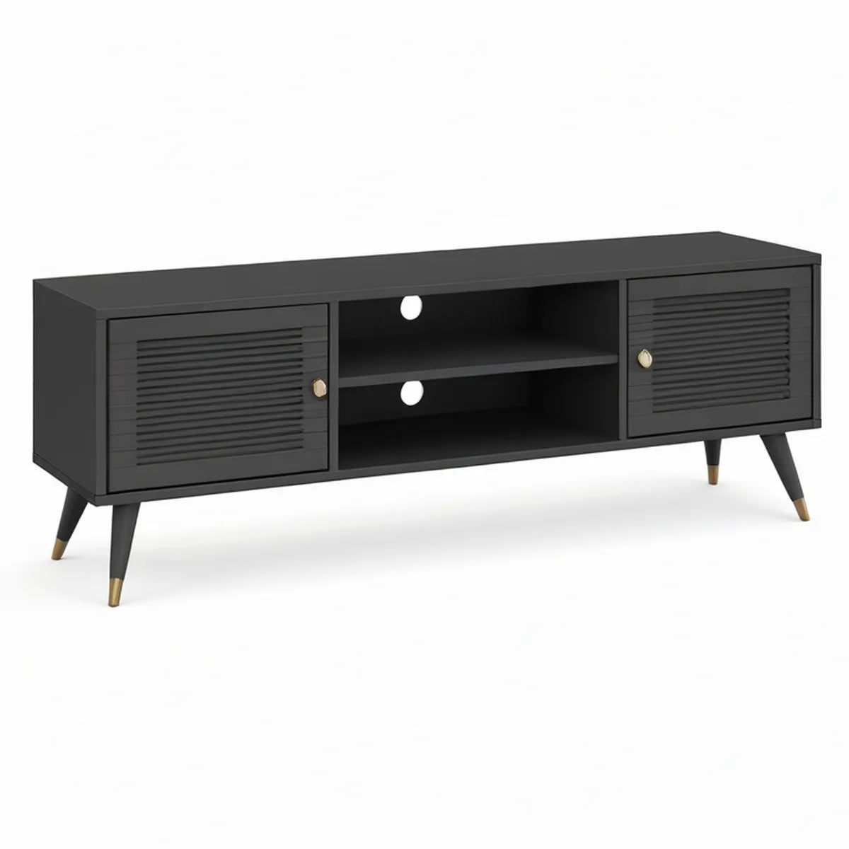 TV-Lowboard aus MDF in Schwarz/Gold, 160 x 40 x 55 cm, mit 2 Türen und offenen Fächern