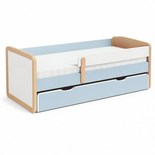 Kinderbett mit Ausziehbett und abnehmbarem Rausfallschutz, 70 x 140 cm, Hellblau/Weiss/Natur