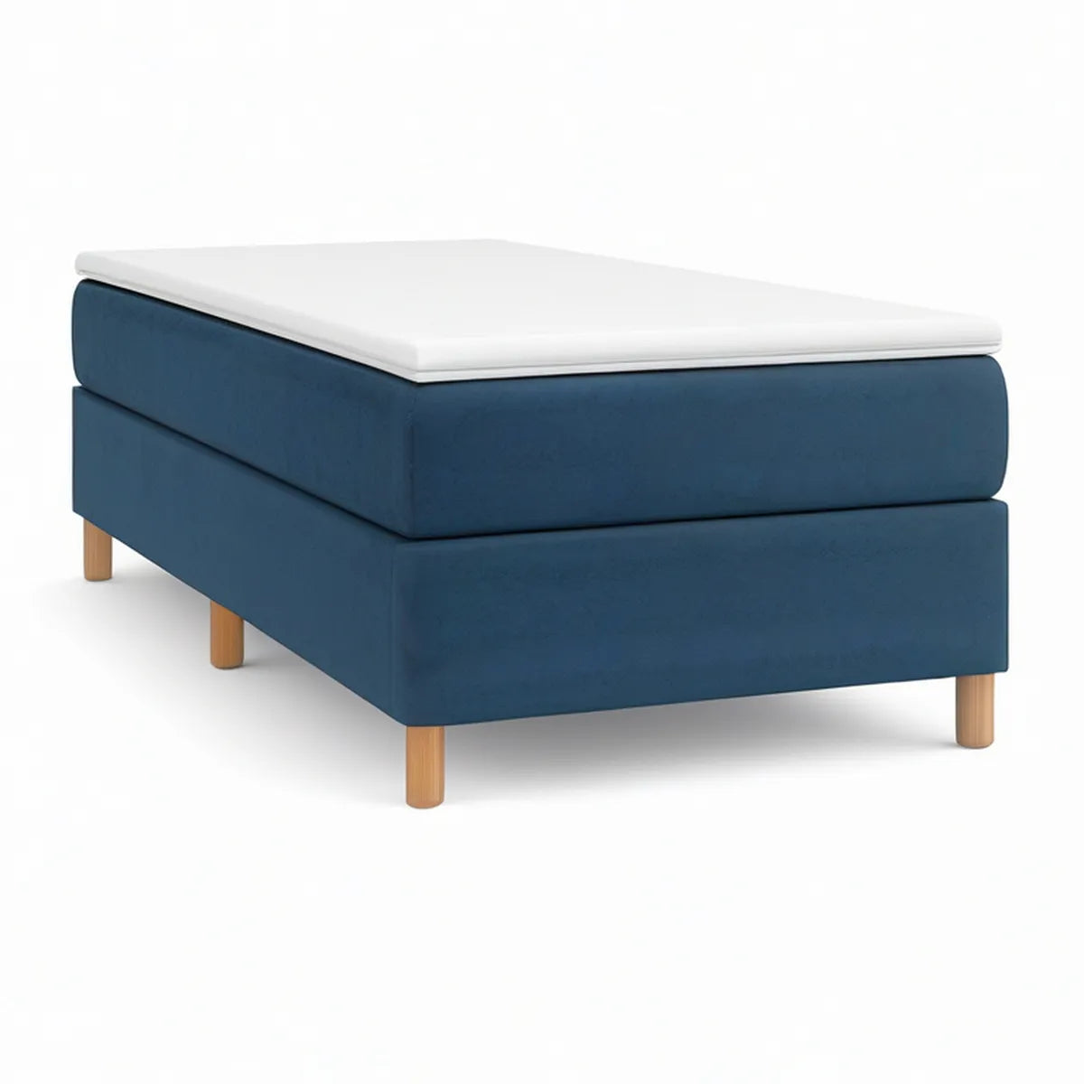 Boxspringbett 140 x 200 cm aus Polyester-Samt in Dunkelblau/Weiss/Naturholz mit Matratze und Topper
