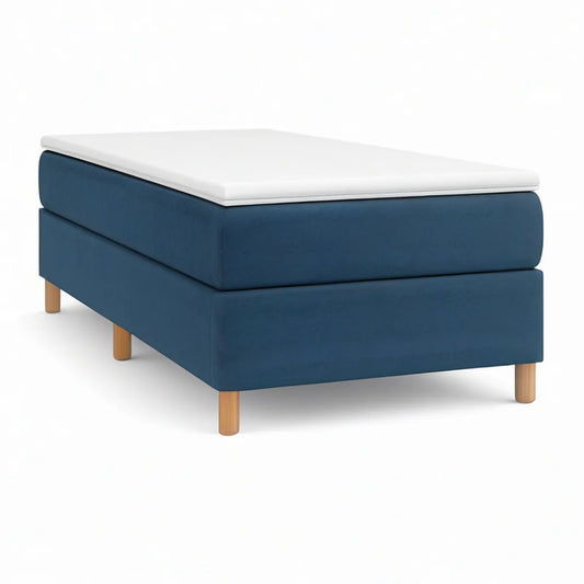 Boxspringbett 140 x 200 cm aus Polyester-Samt in Dunkelblau/Weiss/Naturholz mit Matratze und Topper