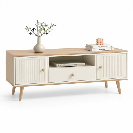TV-Lowboard 140 x 40 x 60 cm aus MDF und Kiefernholz in Naturweiss/Hellholz mit 2 Türen, Schublade und offenem Fach