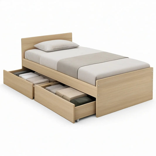 Einzelbett mit 2 Schubladen, 90 x 200 cm, MDF in heller Eichenoptik Natur