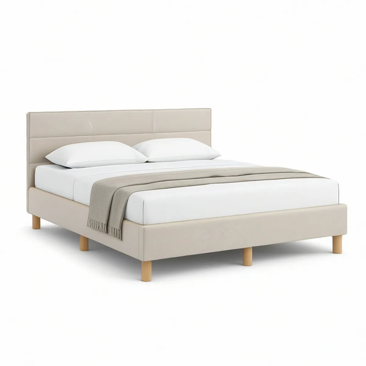 Gepolstertes Doppelbett 160 x 200 cm Beige mit Buchenholzfüssen