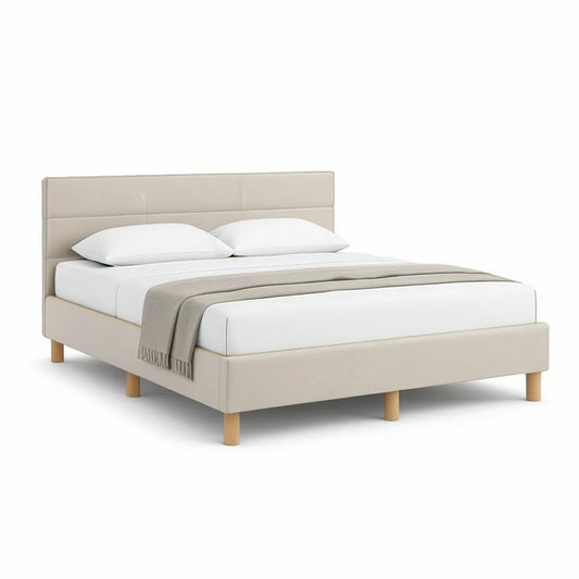 Gepolstertes Doppelbett 160 x 200 cm Beige mit Buchenholzfüssen