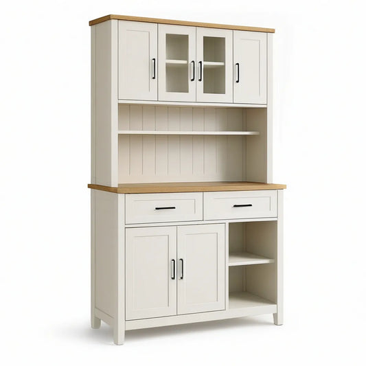 Küchenbuffet aus MDF und Gummibaumholz, Weiss/Natur, 120 x 45 x 200 cm, mit 6 Türen, 2 Schubladen und offenen Regalen
