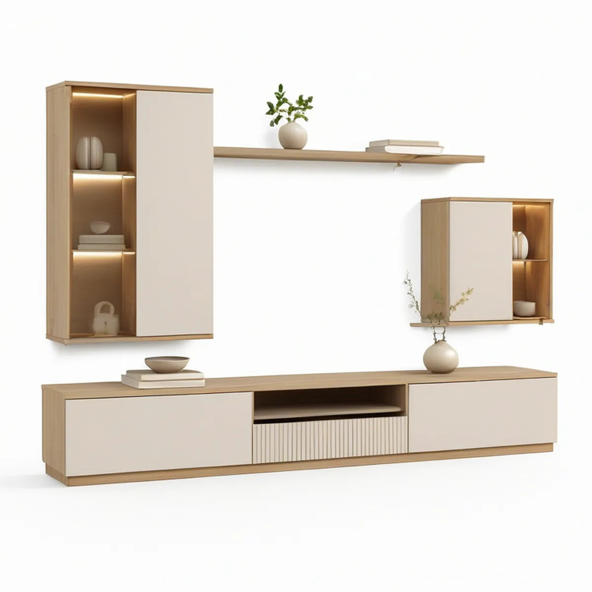 4-teiliges TV-Möbelset mit LED-Beleuchtung, Eichefarben/Beige, 280 x 40 x 190 cm