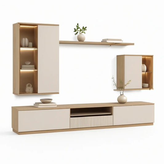 4-teiliges TV-Möbelset mit LED-Beleuchtung, Eichefarben/Beige, 280 x 40 x 190 cm